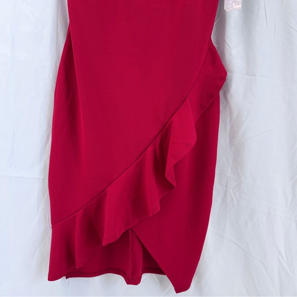 Almost Famous Red Dress Size Large Bodycon Asymmetrical Hem Ruffle NWT Valentine - Picture 6 of 16